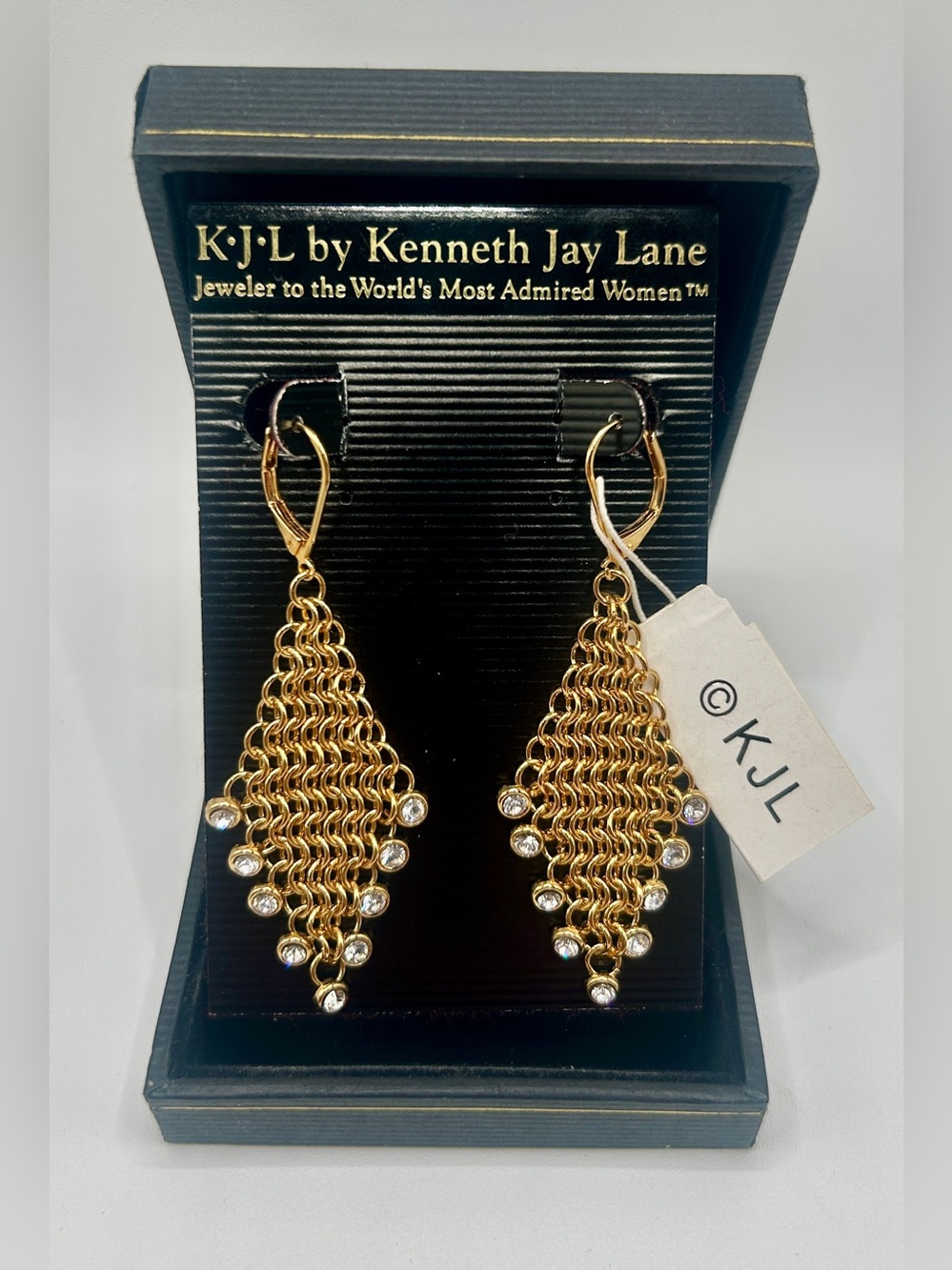 Kenneth Jay Lane Gold Chainmail Drop Earrings with Crystal Accents